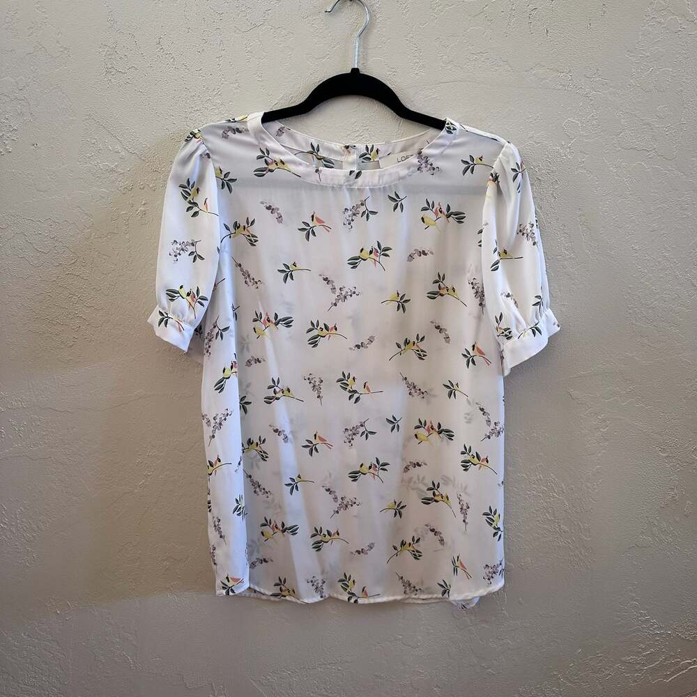 LOFT White Bird and Floral Print Button-Back Short Sleeve Blouse